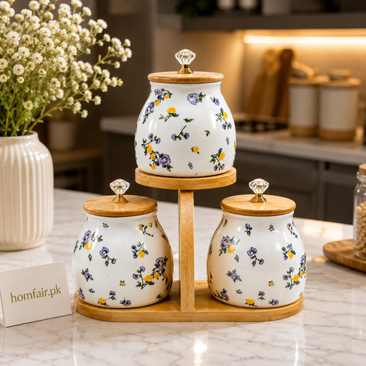 Premium 3-Piece Ceramic Spice Jar Set with Bamboo Stand