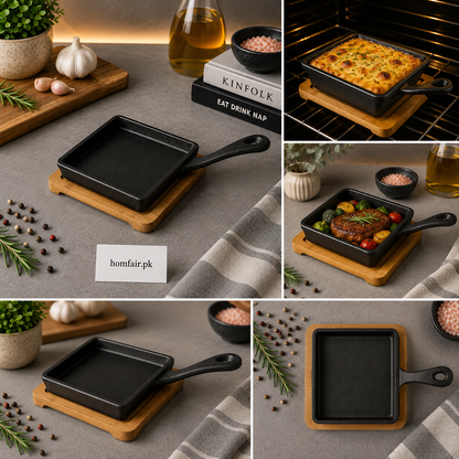 Danny Home Cast Iron Mini Square Skillet with Bamboo Base – 13.8 × 1.6 cm