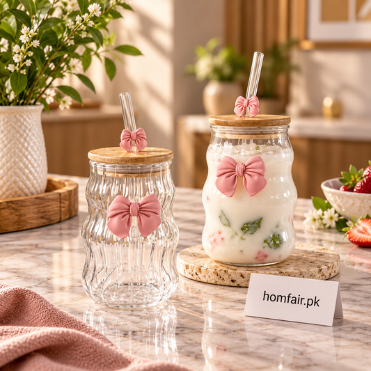Cute Bow Glass Water Cup with Straw – 400ml Aesthetic Drinkware