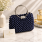 Luxury Handmade Navy Beaded Handbag | Elegant Women's Top Handle Party Bag