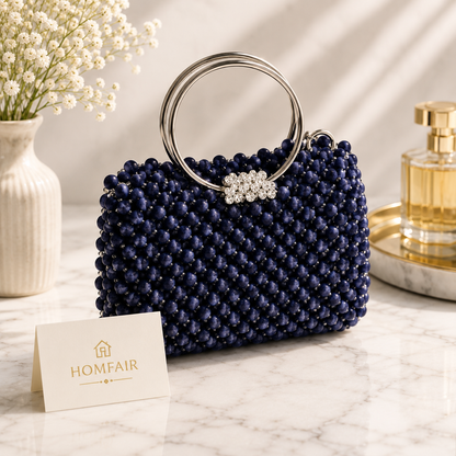 Luxury Handmade Navy Beaded Handbag | Elegant Women's Top Handle Party Bag