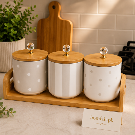 Premium Crystal Knob Ceramic Tea, Coffee & Sugar Canister Set with Bamboo Tray