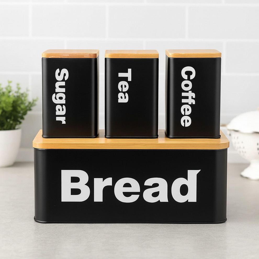 Luxury Matte Black Bread & Canister Set - Tea, Coffee, Sugar, Storage With Bamboo Lids