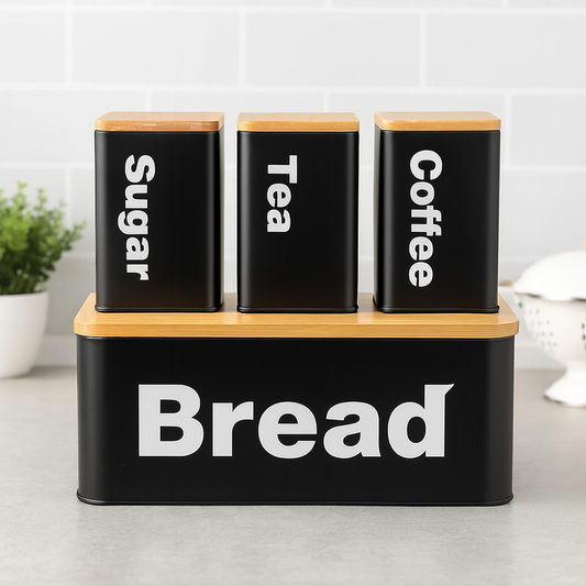 Luxury Matte Black Bread & Canister Set - Tea, Coffee, Sugar, Storage With Bamboo Lids