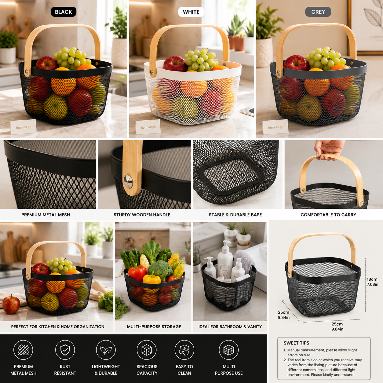 Premium Metal Mesh Square Storage Basket with Wooden Handle – Multi-Purpose Organizer