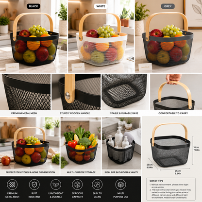 Premium Metal Mesh Square Storage Basket with Wooden Handle – Multi-Purpose Organizer
