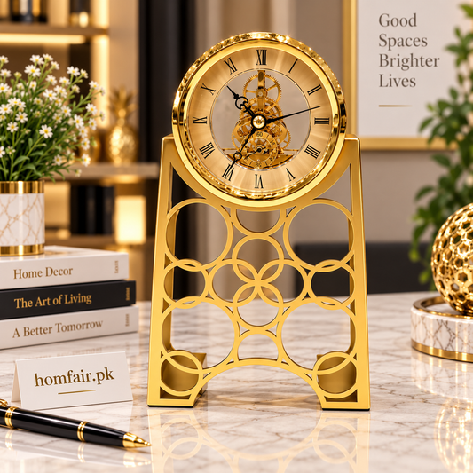 Luxury Gold Openwork Table Clock – Elegant Quartz Desk Clock with Decorative Gear Design