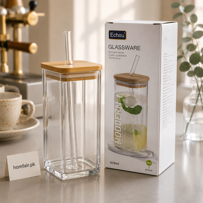 410ml Square Glass Tumbler with Bamboo Lid & Glass Straw