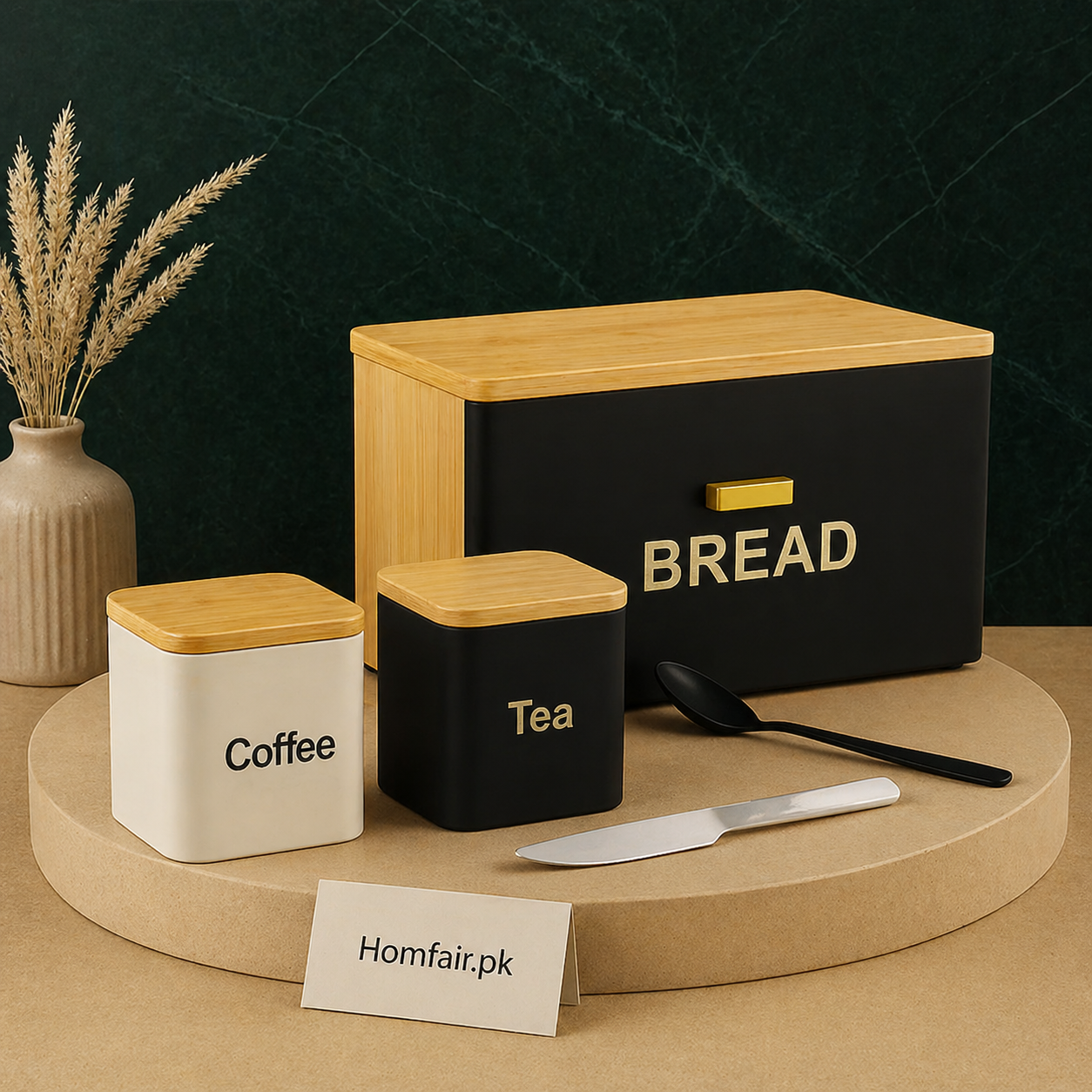 Premium Bread, Tea & Coffee Storage Canister Set with Wooden Lids – Modern Kitchen Organizer