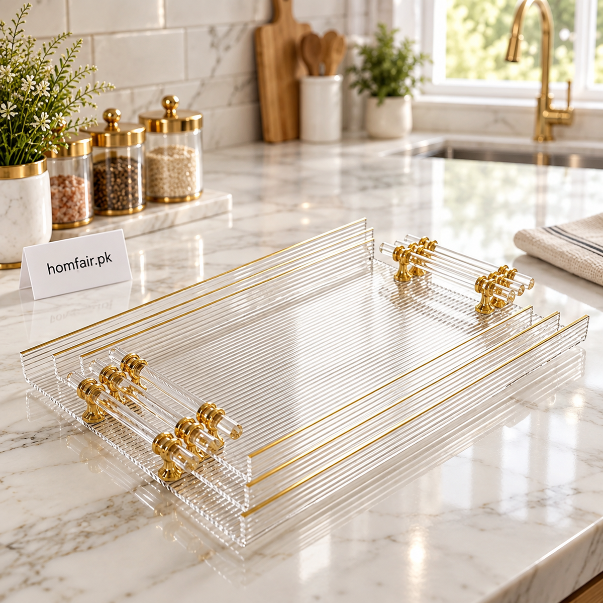 3 Pcs Acrylic Tray Set – Ribbed Finish & Gold Handles