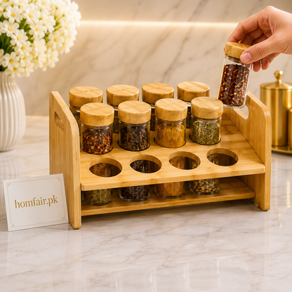 Premium 12 Jar Bamboo Spice Rack with Glass Spice Jars