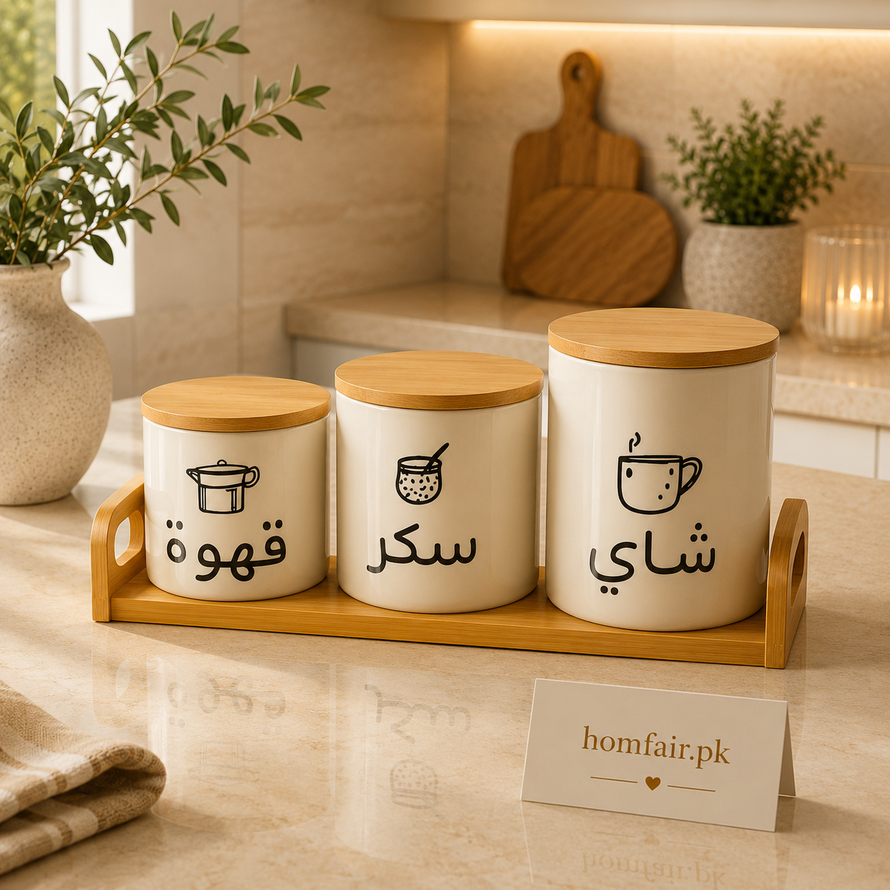 Premium Arabic Tea, Coffee & Sugar Ceramic Canister Set with Bamboo Tray