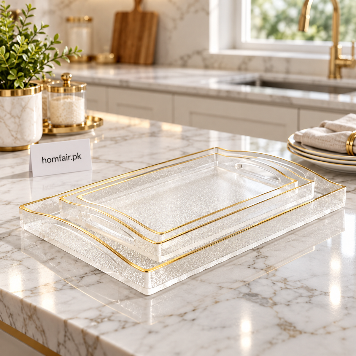 3 Pcs Acrylic Tray Set – Gold Trim & Built-In Handles