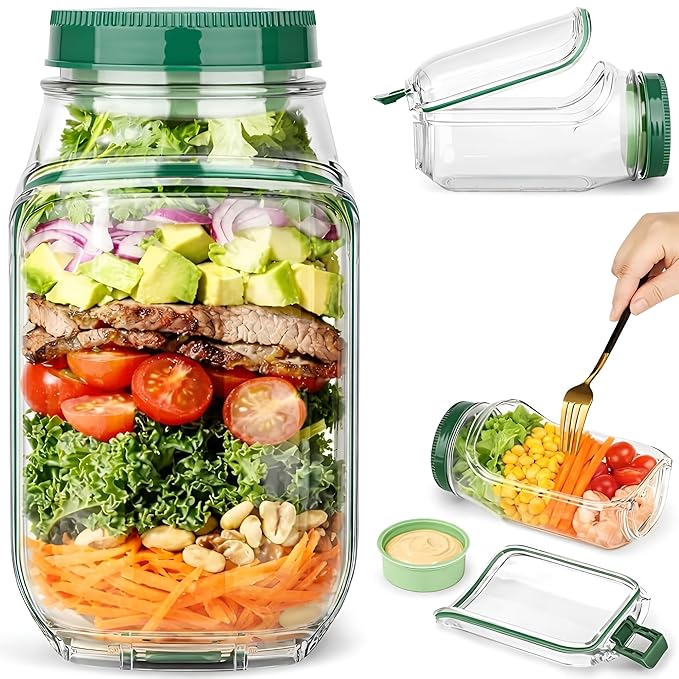 FreshVault Luxe Leakproof Salad Jar – Portable Food Container with Dressing Cup Premium On-the-Go Meal Bottle