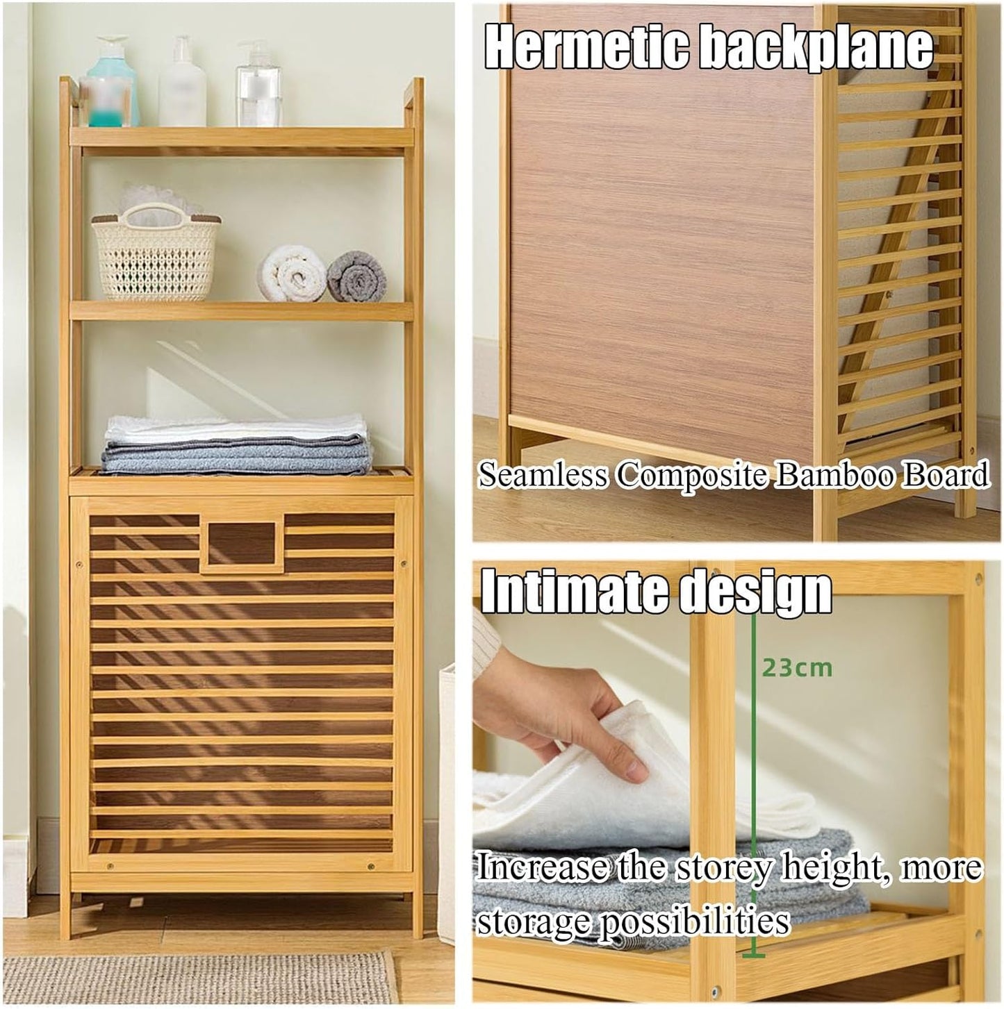 Luxury Bamboo Storage Shelf with Laundry Hamper & Open Shelves – Japandi Bathroom Organizer