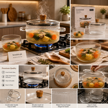Heat Resistant Ribbed Glass Cooking Pot with Lid & Glass Bowl Set.