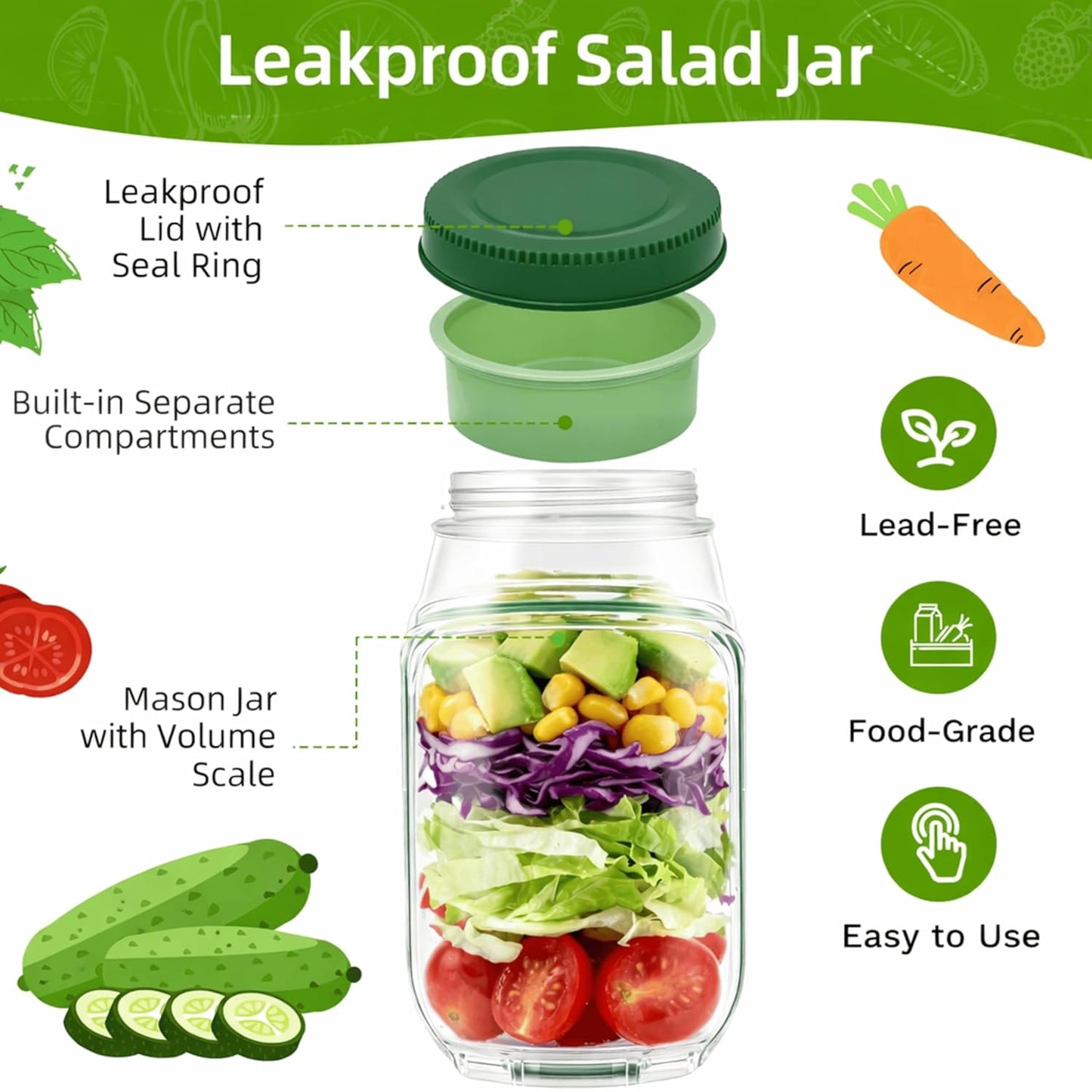FreshVault Luxe Leakproof Salad Jar – Portable Food Container with Dressing Cup Premium On-the-Go Meal Bottle