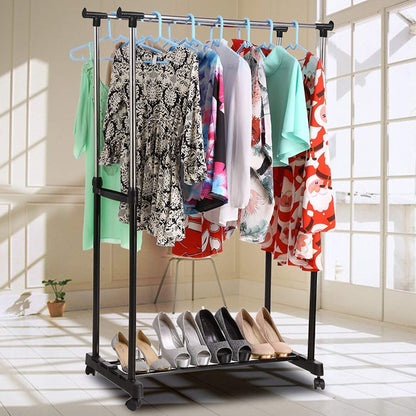 Double-Pole 2 Layer Cloth Hanging Rack Adjustable Clothes Organize