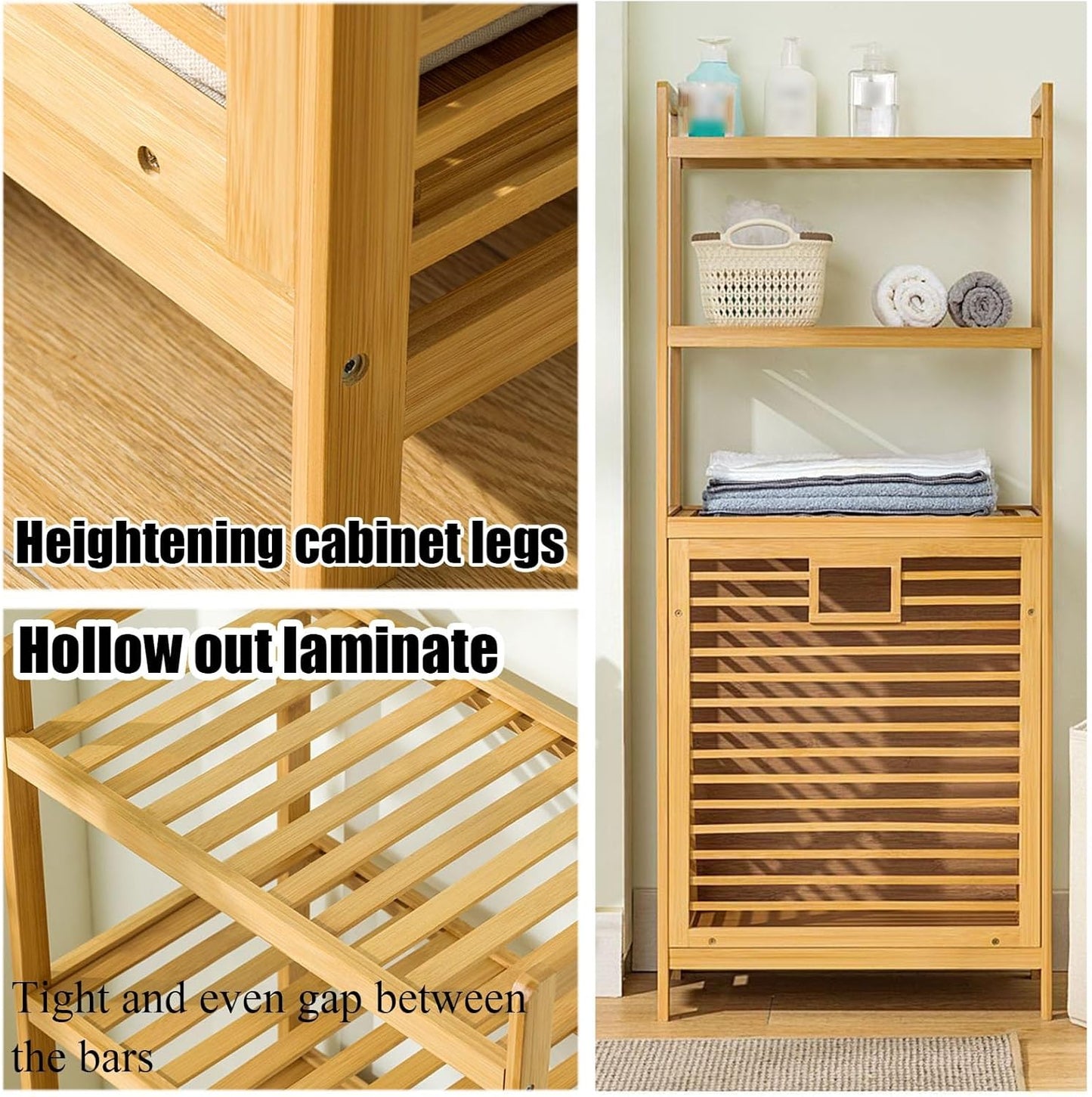 Luxury Bamboo Storage Shelf with Laundry Hamper & Open Shelves – Japandi Bathroom Organizer