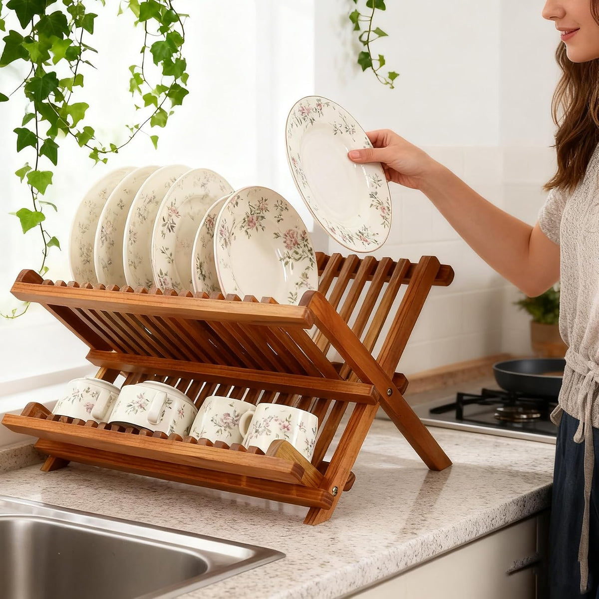 Foldable Bamboo Dish Rack, Kitchen Countertops, Wooden Plate Holder, Dish Drying Organizer.