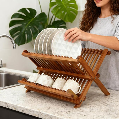 Foldable Bamboo Dish Rack, Kitchen Countertops, Wooden Plate Holder, Dish Drying Organizer.