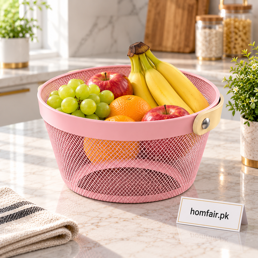 Modern Metal Wire Mesh Basket with Wooden Handle for Kitchen Storage