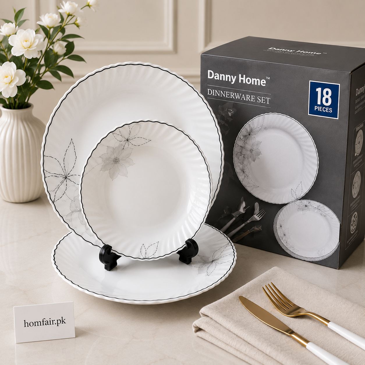 Danny Home Monochrome Floral 18-Piece Ceramic Dinner Set