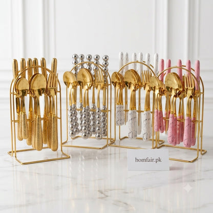 6-Person Golden Beaded Cutlery Set with Luxury Organizer Stand