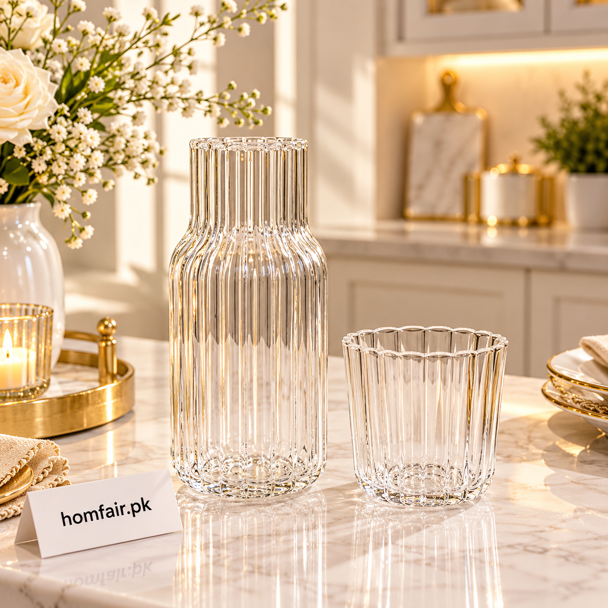 Ribbed Glass Bedside Carafe & Tumbler Set
