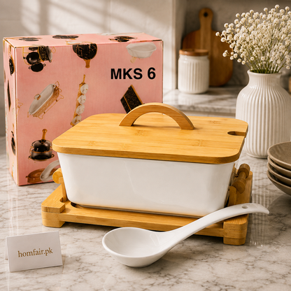 Ceramic Food Warmer Dish with Bamboo Lid & Stand