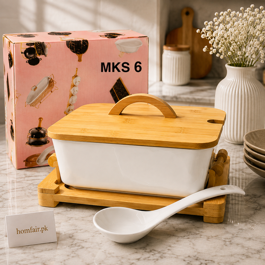 Ceramic Food Warmer Dish with Bamboo Lid & Stand