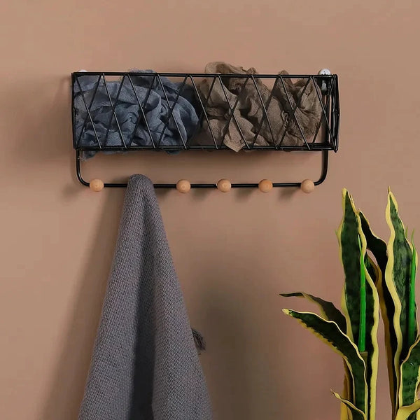 Luxury Nordic Wall Basket Shelf with Wooden Hooks | Modern Metal Storage Organizer Rack