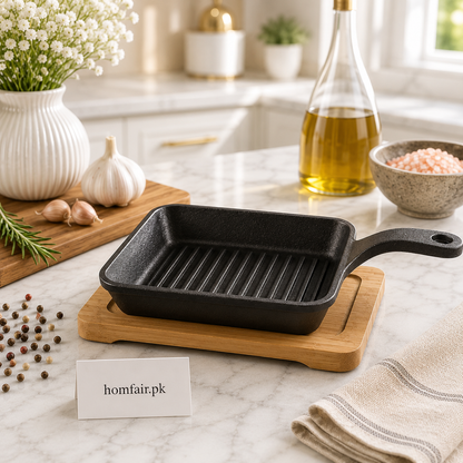 Danny Home Cast Iron Square Grill Pan with Bamboo Base - 15 × 2.5 cm