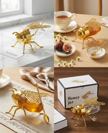 Luxury Bee Honey Jar with Golden Spoon