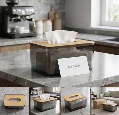 Rectangular Transparent Tissue Holder with Bamboo Lid