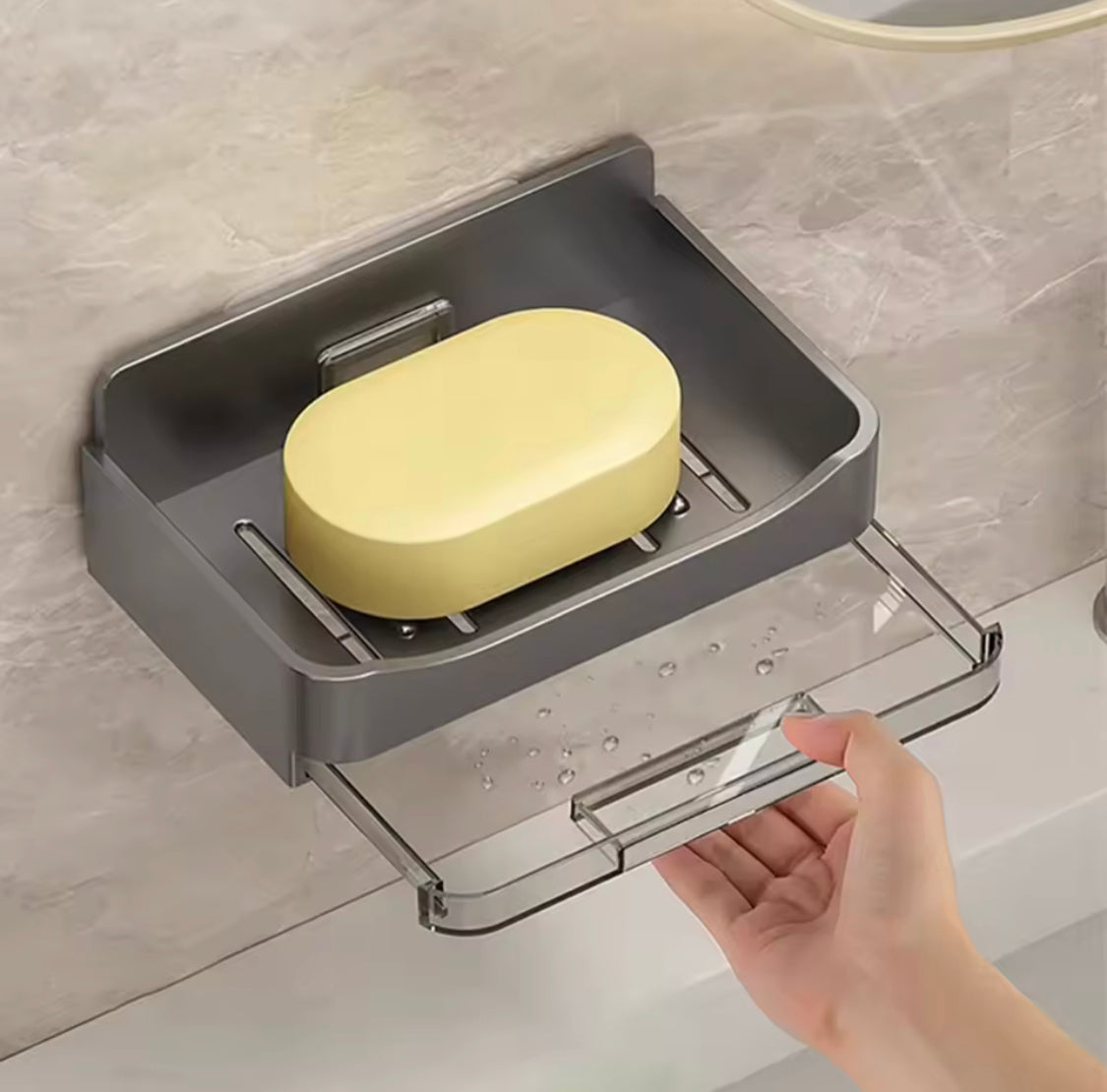 Wall Mounted Soap Holder with Drain Tray and Waterproof Punch-Free Box with Lid for Bathroom and Kitchen