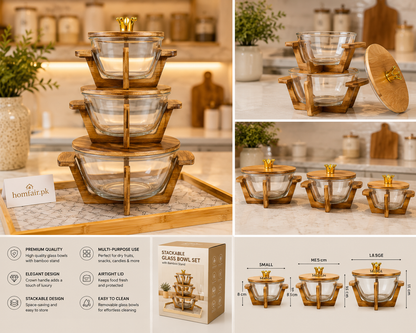 Premium Stackable Glass Bowl with Bamboo Stand & Wooden Lids