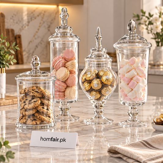 Danny Home Premium 4-Piece Glass Storage Jar Set – 23cm, 25cm, 28cm & 30cm Elegant Kitchen Organizers