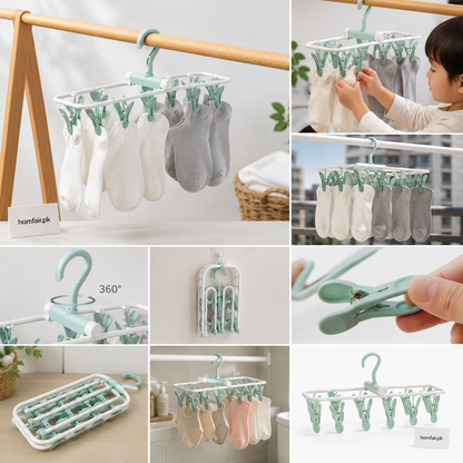 12-Clip Foldable Sock, Underwear & Baby Clothes Drying Hanger