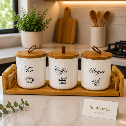 Premium Ribbed Ceramic Tea, Coffee & Sugar Canister Set with Bamboo Tray