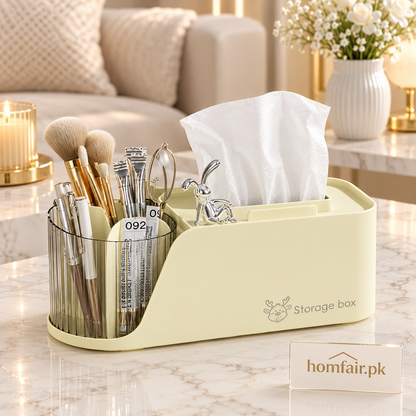 Premium Tissue Box Organizer with Pen Holder & Multi-Purpose Storage Compartments