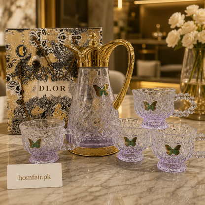 Crystal Turkish Style Butterfly Tea Set with Luxury Flask & 4 Crystal Cups