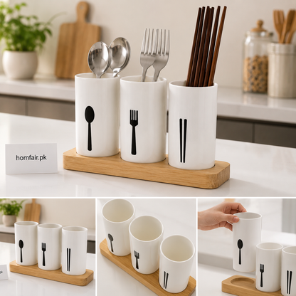 3-Piece Utensil Holder Set with Wooden Stand