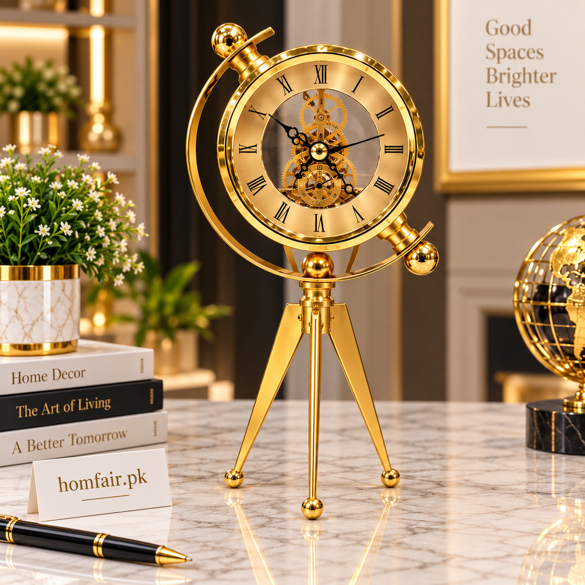Luxury Golden Skeleton Table Clock – Elegant Tripod Decorative Clock