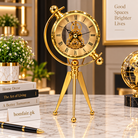 Luxury Golden Skeleton Table Clock – Elegant Tripod Decorative Clock