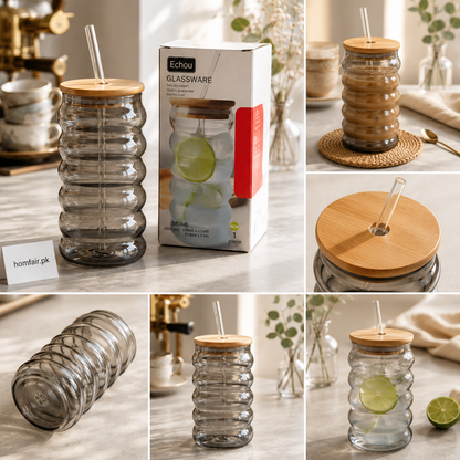 580ml Smoky Ribbed Glass Tumbler with Bamboo Lid & Glass Straw