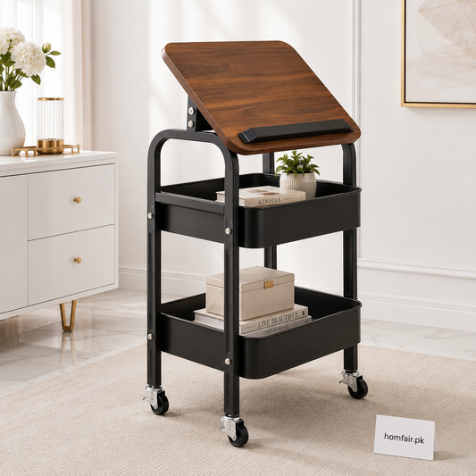 Luxury Rolling Sofa Side Table with Flip-Top Laptop Desk & 2-Tier Storage Cart on Wheels