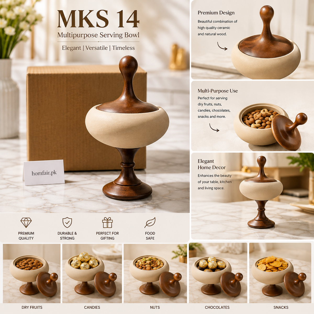 Multipurpose Serving Bowl with Wooden Lid & Pedestal