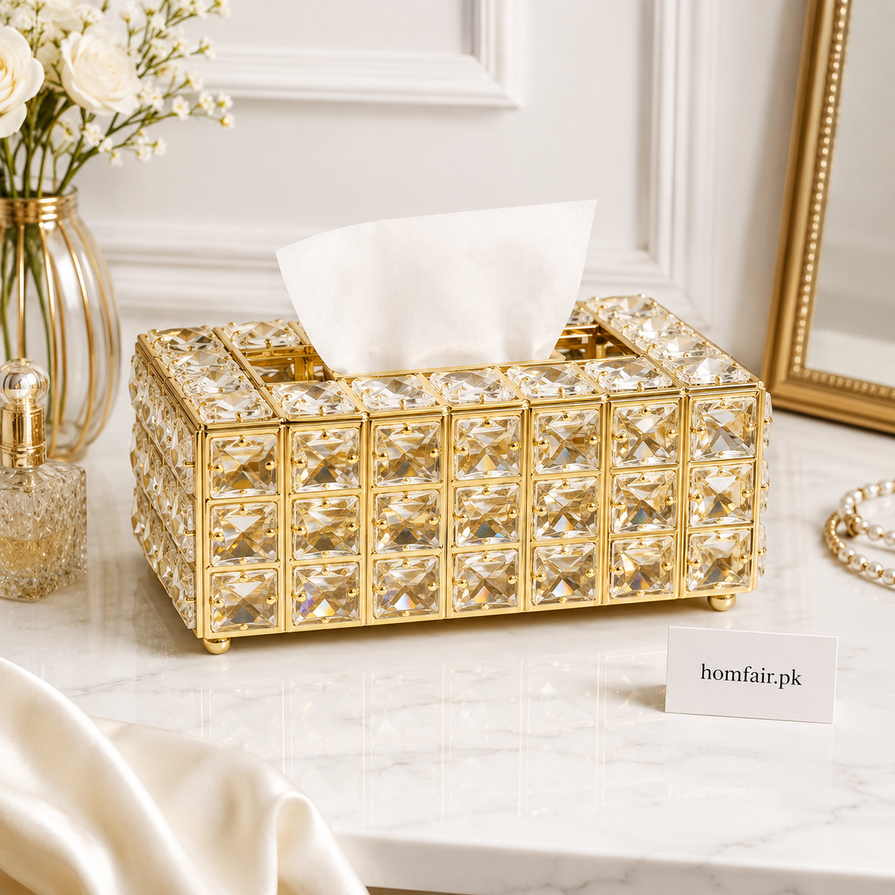 Premium Crystal Diamond Gold Tissue Box Holder Luxury Home Décor