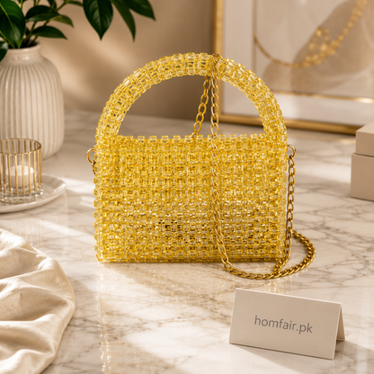Handcrafted Crystal Beaded Bag with Gold Chain Strap